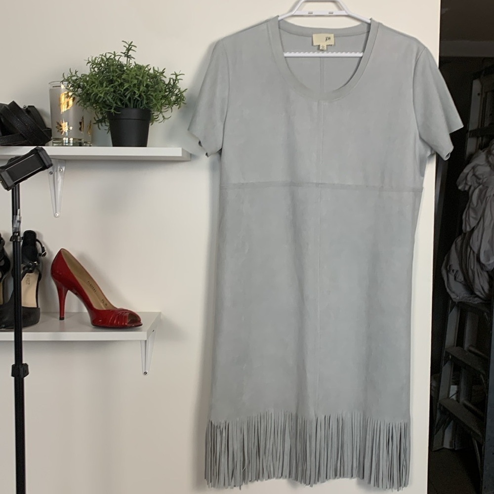 Joh Dove Grey Stretch Faux Suede Dress w Fringe - Picture 6 of 9